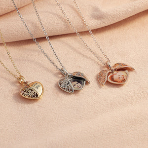 Personalized Hollow Pattern Carving Angel Wing Photo Locket Necklace Anniversary Birthday