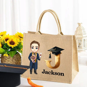 Personalized Graduation Cartoon Bachelor Hat Initial Jute Tote Bag