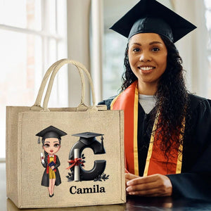 Personalized Graduation Cartoon Bachelor Hat Initial Jute Tote Bag