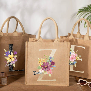 Personalized Alphabet Letter Floral Monogram Name Jute Tote Bag