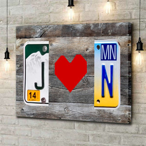 Custom License Plate Initials Couple with Red Heart Personalized Canvas Poster