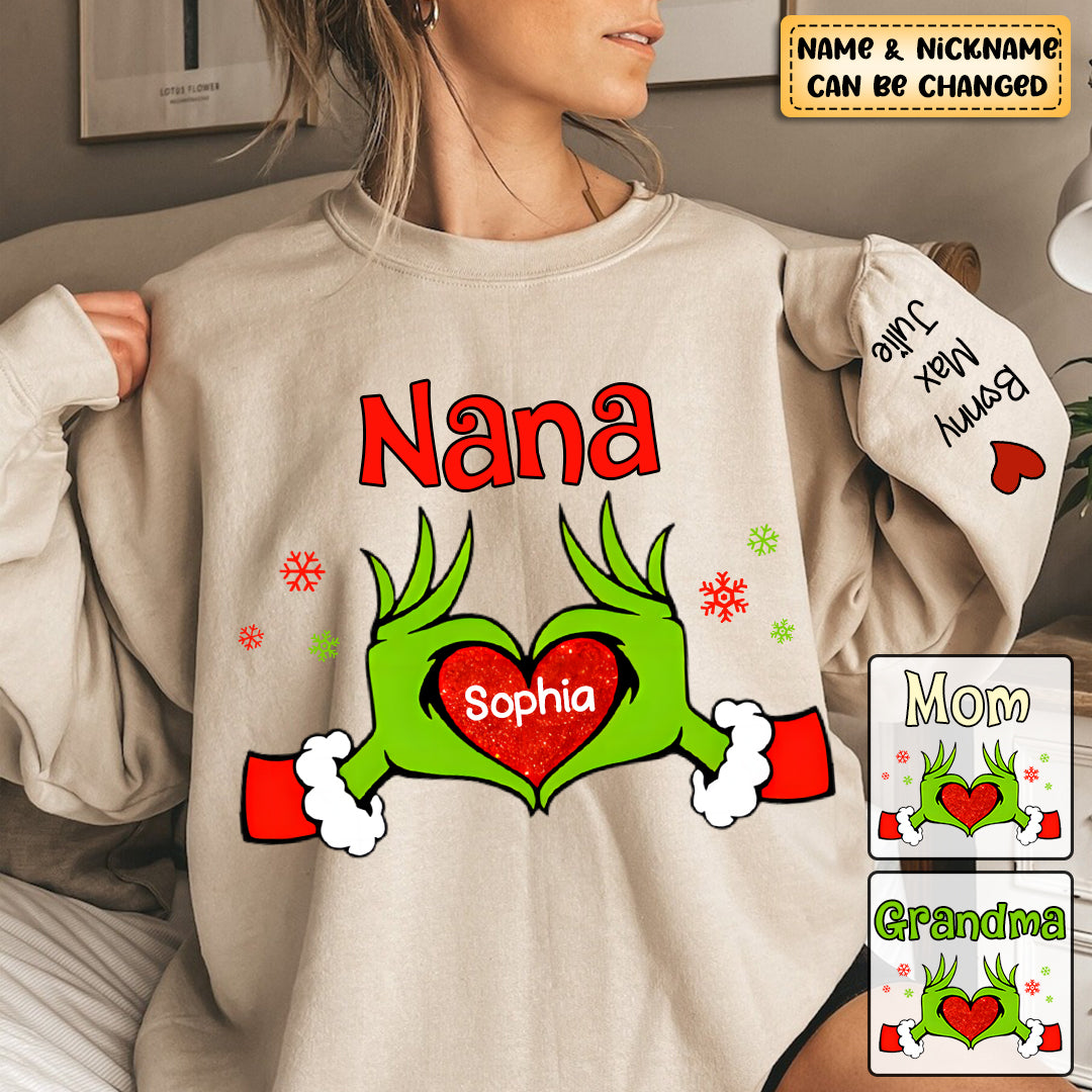 Personalized Heart Grandma Green Christmas Sweatshirt