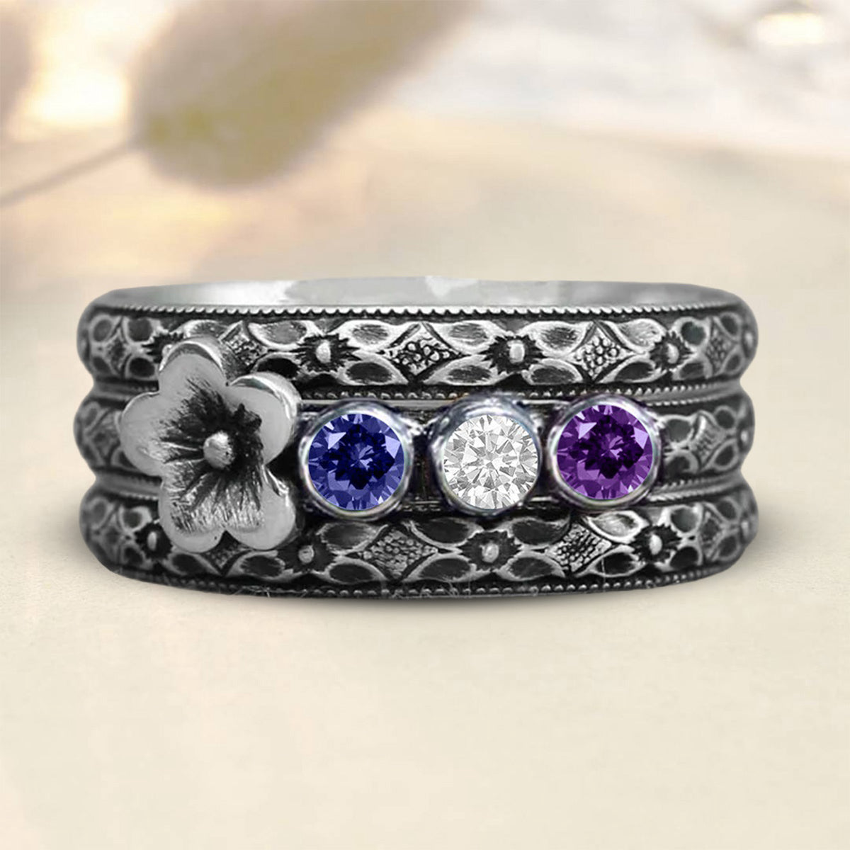 Personalized Multi Birthstone Flower Ring Set