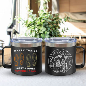 Happy Trails Adventure Awaits Hiking Camping Couple Gift - Personalized 14oz Stainless Steel Tumbler With Handle