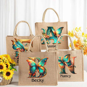 Personalized Coral Magnificent Butterfly Letter Name Jute Tote Bag