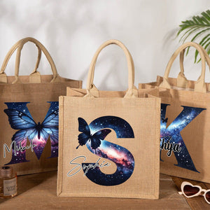 Personalized Sparkling Stars Butterfly Monogram Name Jute Tote Bag