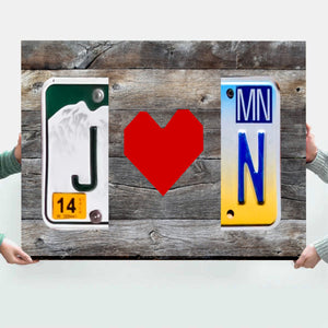 Custom License Plate Initials Couple with Red Heart Personalized Canvas Poster