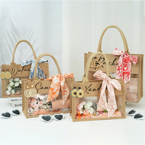 Personalized Beach Jute Tote Bag with Scarf