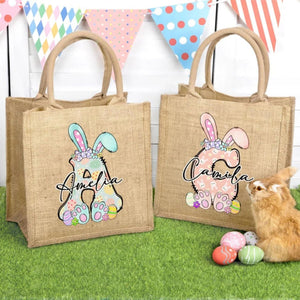 Personalized Cute Bow Easter Bunny Initial Jute Tote Bag, For Holding Easter Eggs Birthday Easter Party Gift for Kids