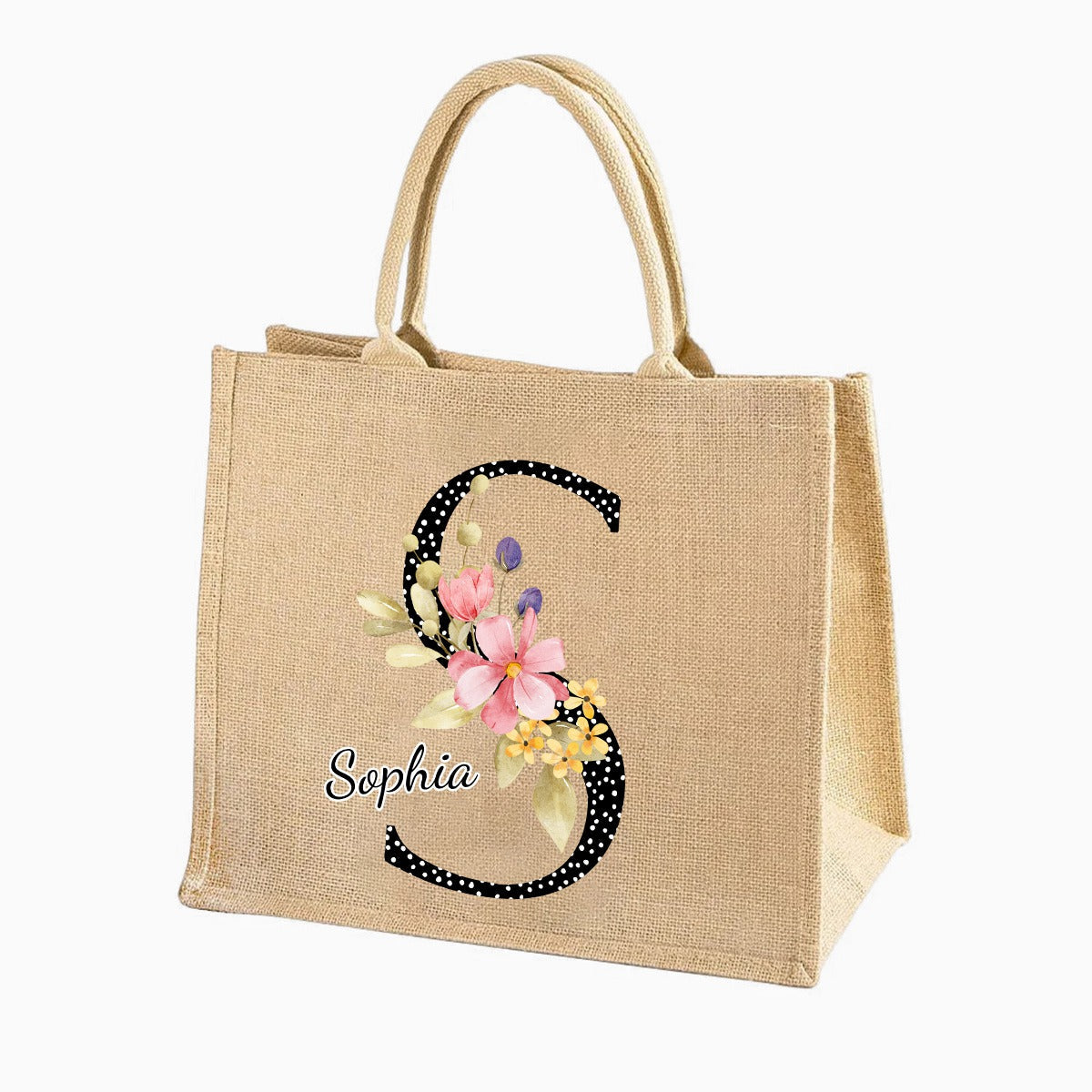 Personalized Alphabet Letter Floral Monogram Name Jute Tote Bag