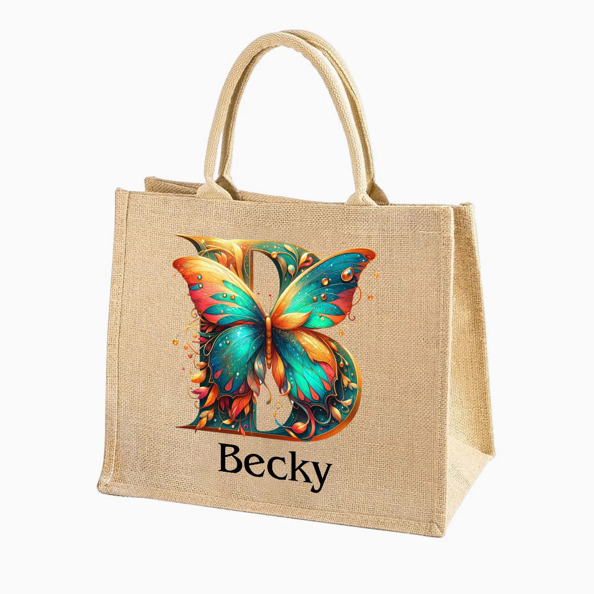 Personalized Coral Magnificent Butterfly Letter Name Jute Tote Bag