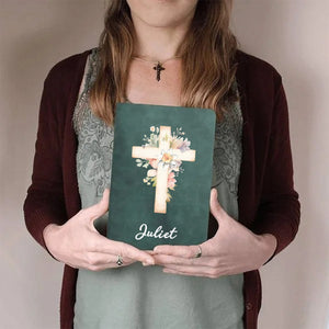 Personalized Watercolor Cross 1-5 Birth Flowers Leather Church Notebook with Name for Bible Study Birthday Religious