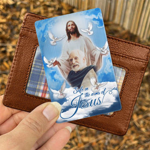 Personalized Blue Sky With Pigeon Safe In The Arms Of Jesus Memorial Wallet Card