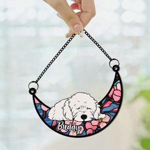 Personalized Memorial Suncatcher -Sleeping Pet on Moon Loss of Pet Sympathy Gift