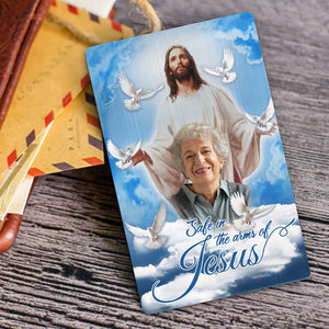 Personalized Blue Sky With Pigeon Safe In The Arms Of Jesus Memorial Wallet Card