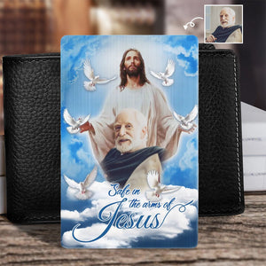 Personalized Blue Sky With Pigeon Safe In The Arms Of Jesus Memorial Wallet Card