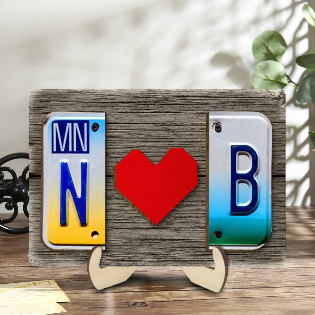 Custom License Plate Initials Couple with Red Heart Personalized Wooden Plaque