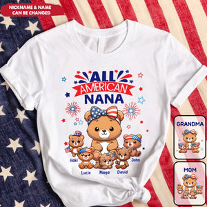 Nana Grandma Cute Bear 4th of July Gift Personalized Pure Cotton T-Shirt