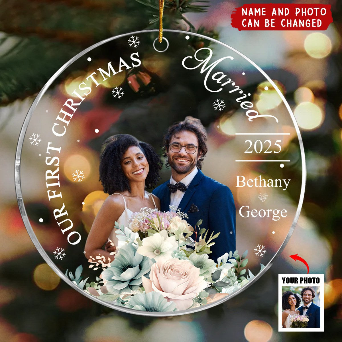 Our First Christmas Married - Personalized Photo Acrylic Ornament, Christmas Gift For Couple