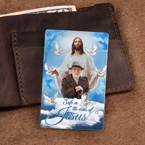 Personalized Blue Sky With Pigeon Safe In The Arms Of Jesus Memorial Wallet Card