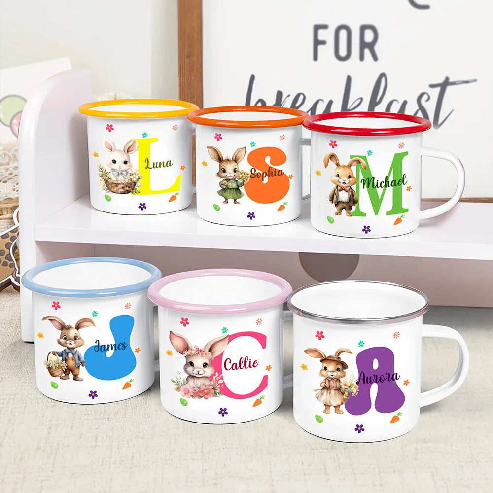 Personalized Watercolor Bunny Floral Multicolor Rim Enamel Mug With Name Birthday Easter Party Favor Gift For Kids