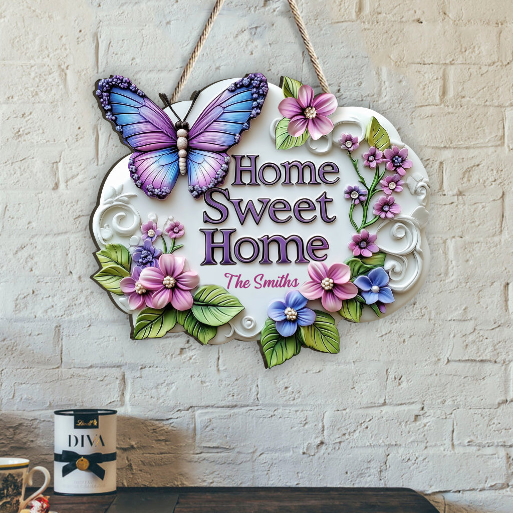 Home Sweet Home - Personalized Butterfly Flower Wood Sign