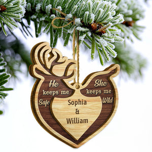 Deer Couple He Keeps Me Safe - Personalized Christmas 2 Layered Wooden Ornament