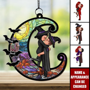 Halloween Couple Hugging Kissing On Moon - Personalized Window Hanging Suncatcher Ornament