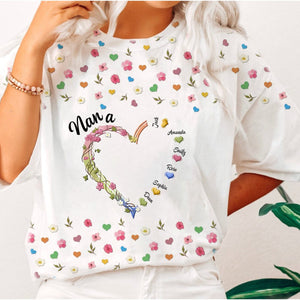 Personalized Grandma Mom Kids Heart Floral Print T-Shirt