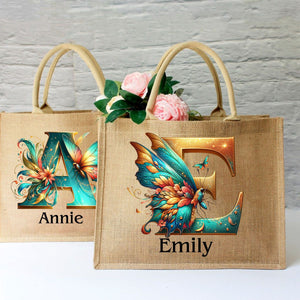 Personalized Coral Magnificent Butterfly Letter Name Jute Tote Bag