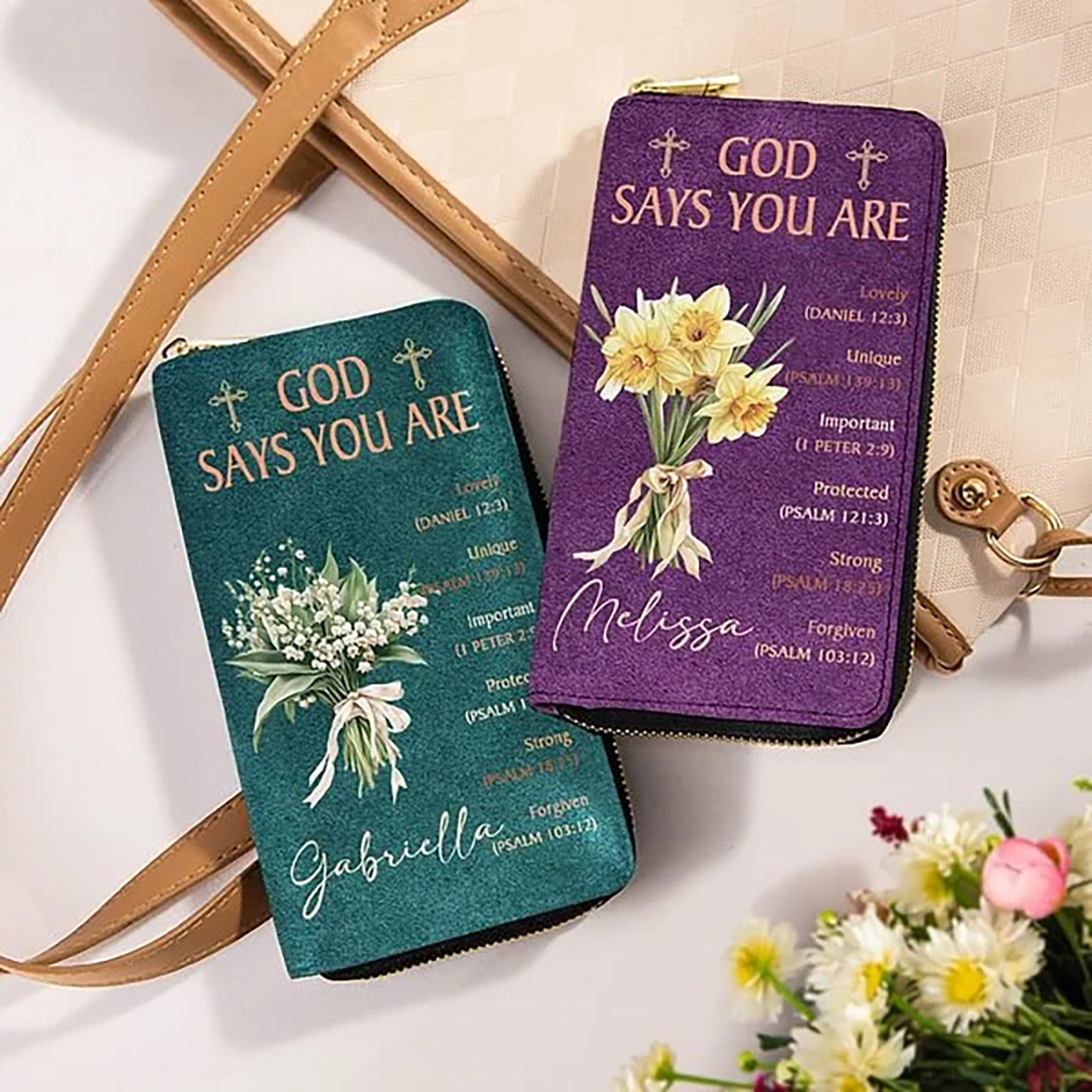 Personalized God Says You Are Birth Flower Bouquet PU Leather Long Wallet   Gift for Christian