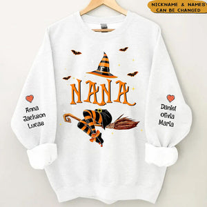 Personalized Nana Life Witch Halloween Sweatshirt With Grandkids Name On The Sleeve