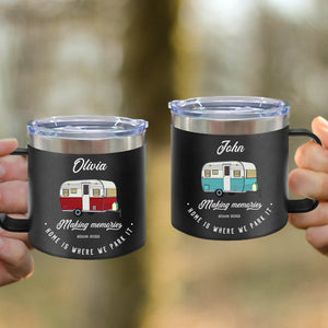 Home Is Where We Park It Camping- Camper Couple Gift - Personalized 14oz Stainless Steel Tumbler With Handle