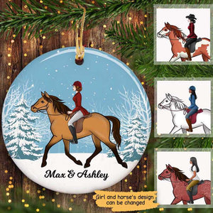 Girl And Her Horse Personalized Christmas Decorative Circle Ceramic Ornament