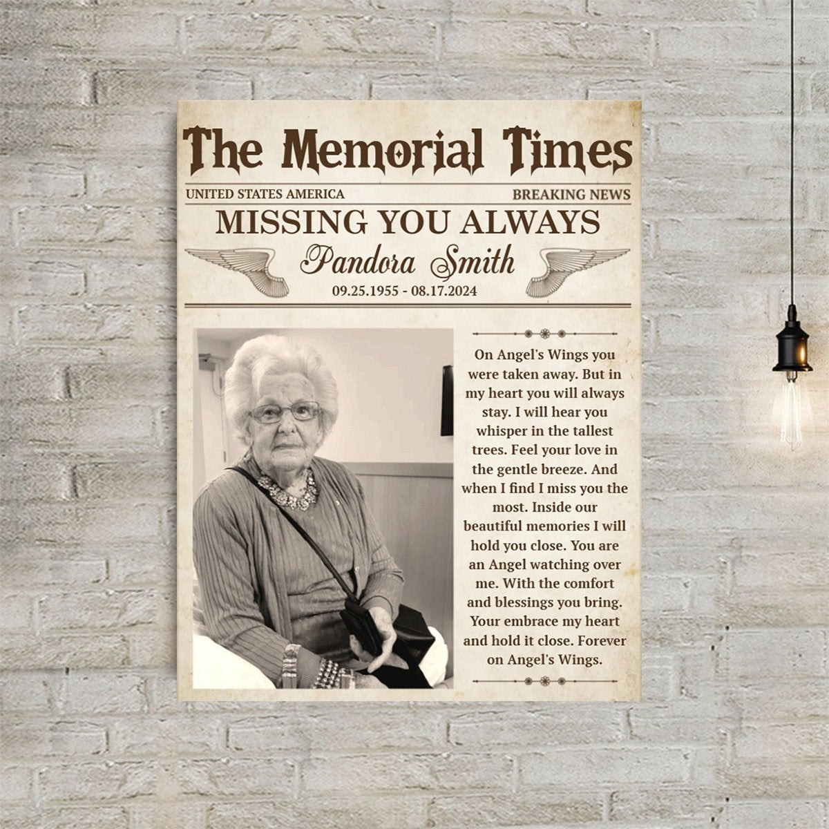 Personalized Memorial Newspaper Canvas Poster,Missing You Always Gift