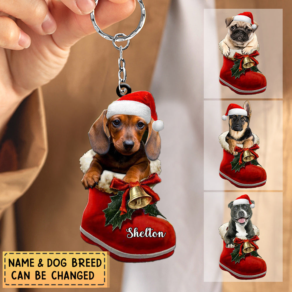 Personalized Dog in Santa Boot Christmas-Two Sided Keychain