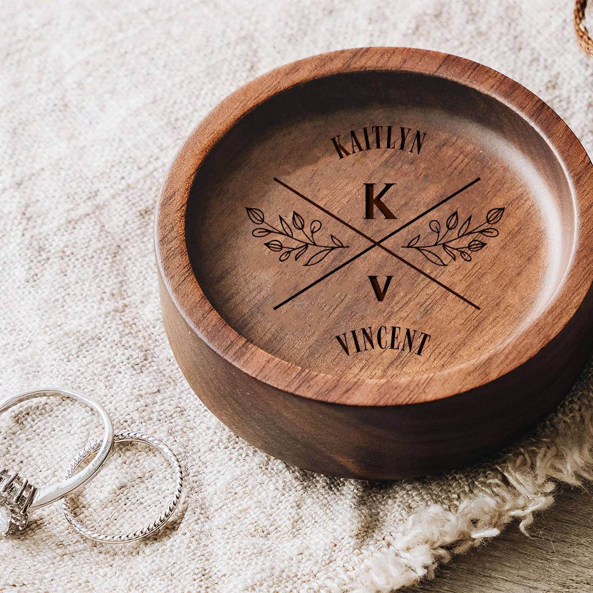 Personalized Round Wood Ring Dish, Engagement Ring Holder, Wedding Ring Dish