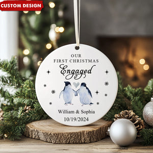 Engagement Ornament Gift - First Christmas Engaged Bauble, Penguin Custom Name Ceramic Ornament