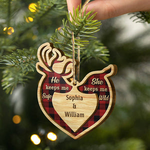 Deer Couple He Keeps Me Safe - Personalized Christmas 2 Layered Wooden Ornament