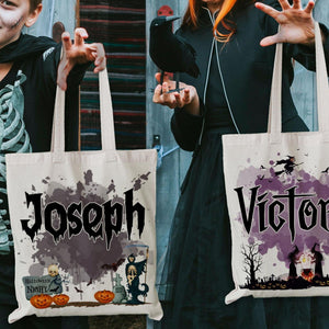 Personalized Halloween  Canvas Tote Bag - Pumpkin Witch Black Cat Castle Skeleton Ghost