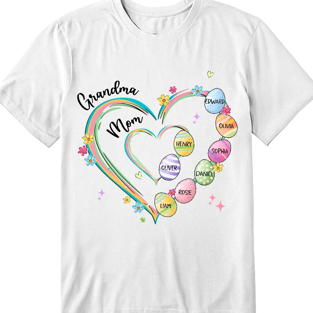 Heart Grandkid Name Easter Day - Personalized Pure Cotton T-Shirt Gift For Grandma Mom