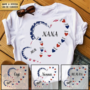 4th of July America Flag Heart Mom Grandma And Grandkids Hearts Personalized T-Shirt