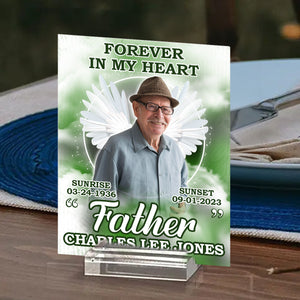 Forever In Our Hearts - Personalized Wings Memorial Acrylic Plaque With Base