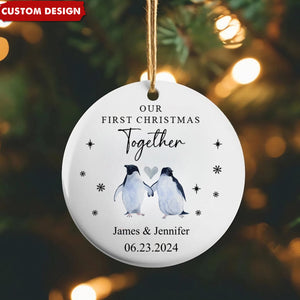 Engagement Ornament Gift - First Christmas Engaged Bauble, Penguin Custom Name Ceramic Ornament