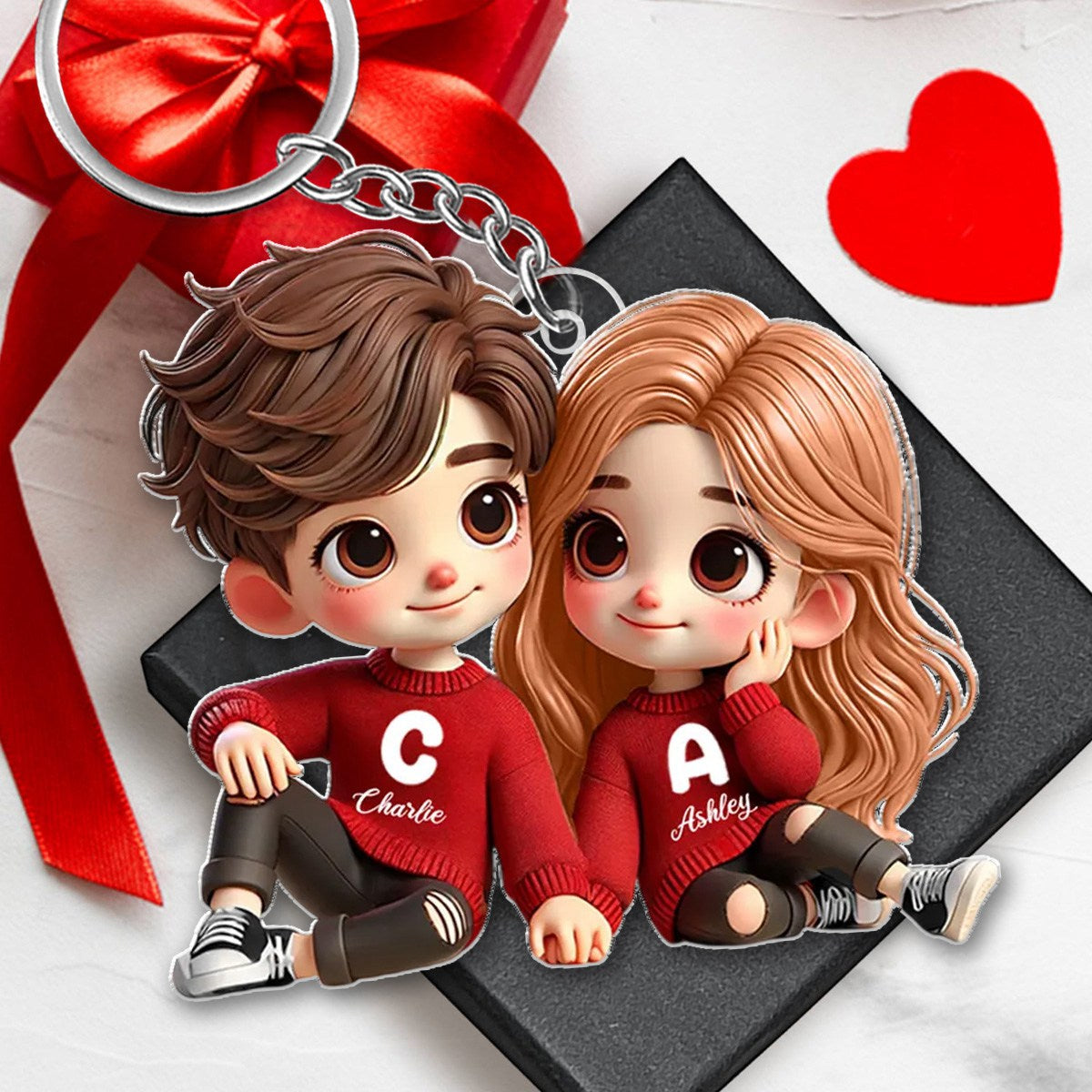 Cute Couple Sitting Together Personalized Acrylic Keychain,Gift for him, her