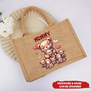 Personalized Grandma Bear With Cute Grandkids Jute Tote Bag