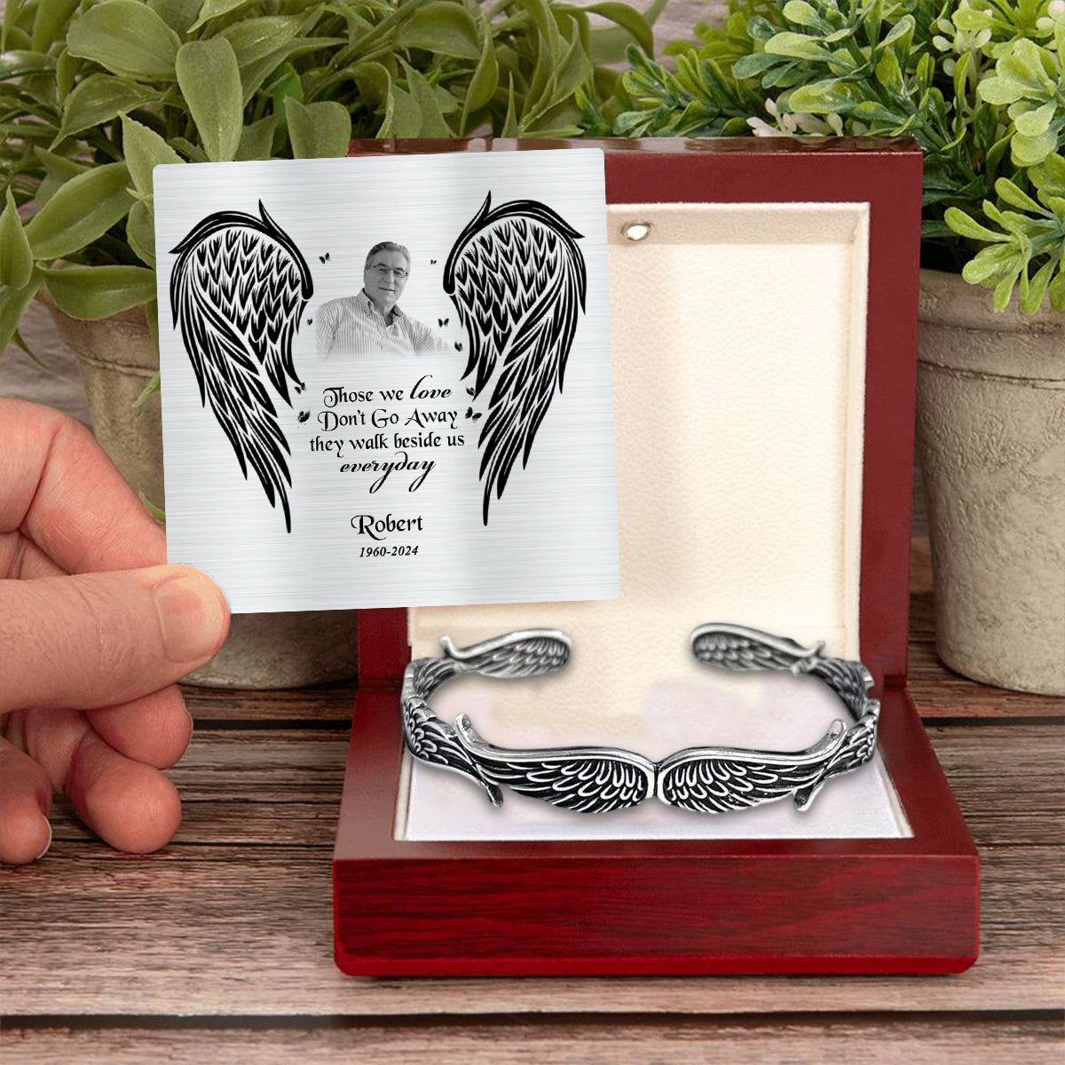 Angel Wings Vintage Style Bracelet with Personalized Memorial Photo Metal Card