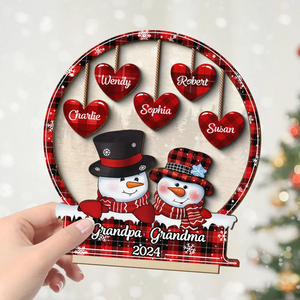 Snowman Papa Nana Heart Kids Snowball Christmas Decor - Personalized 2-Layered Wooden Plaque