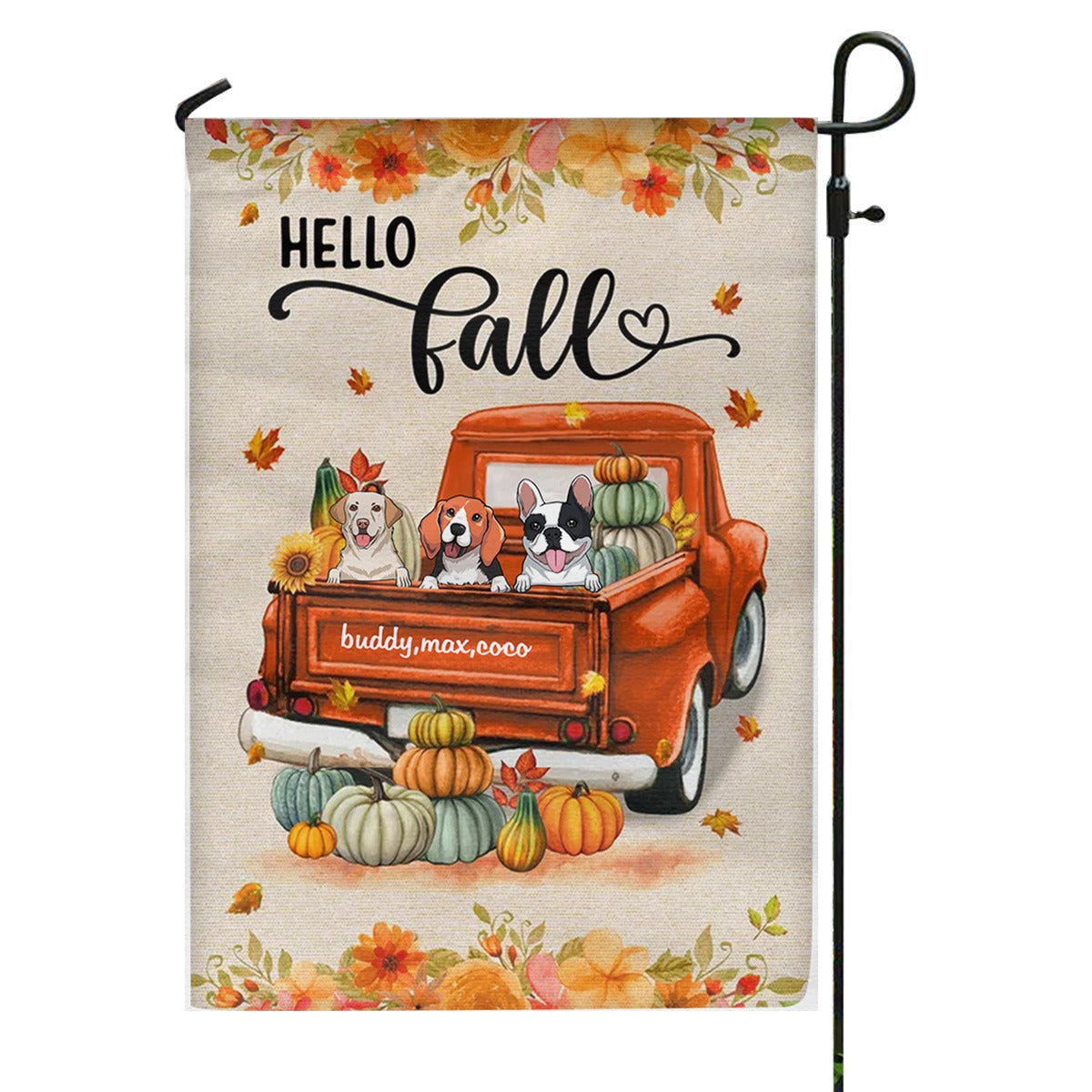 Hello Fall Dogs On Truck Personalized Garden Flag