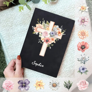 Personalized Watercolor Cross 1-5 Birth Flowers Leather Church Notebook with Name for Bible Study Birthday Religious